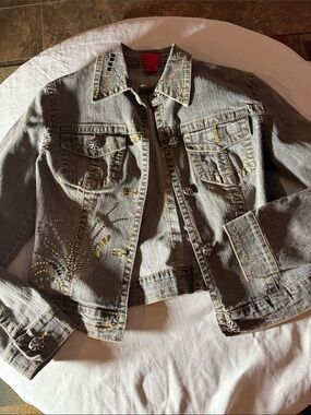 Very Very Bling Embellished Gray Denim Jacket with Stud Details